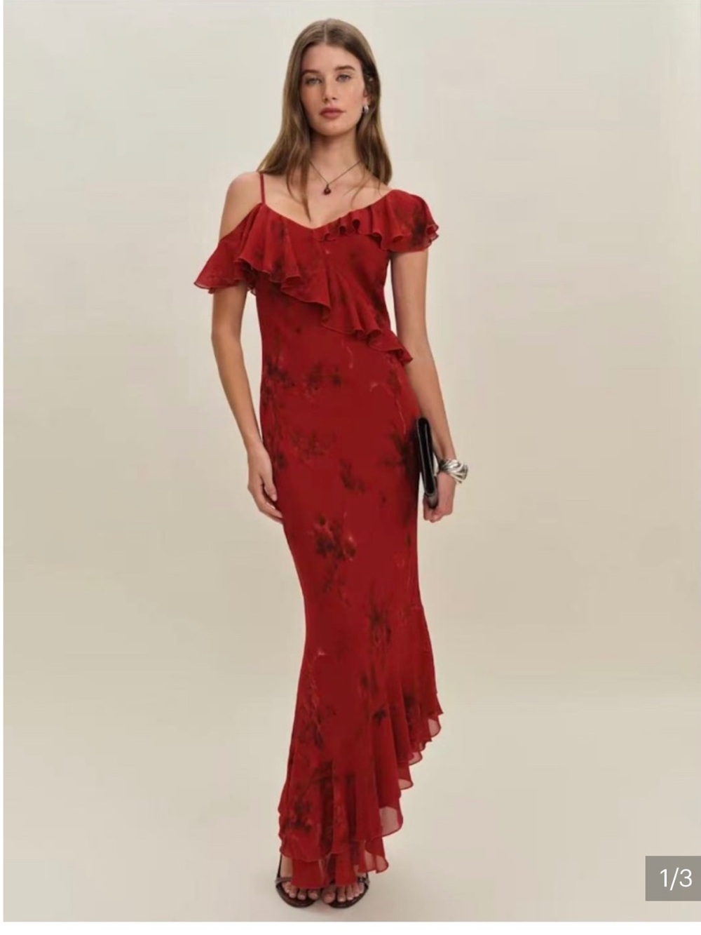 Reformation Deep Red One-Shoulder Ruffled Maxi Dress